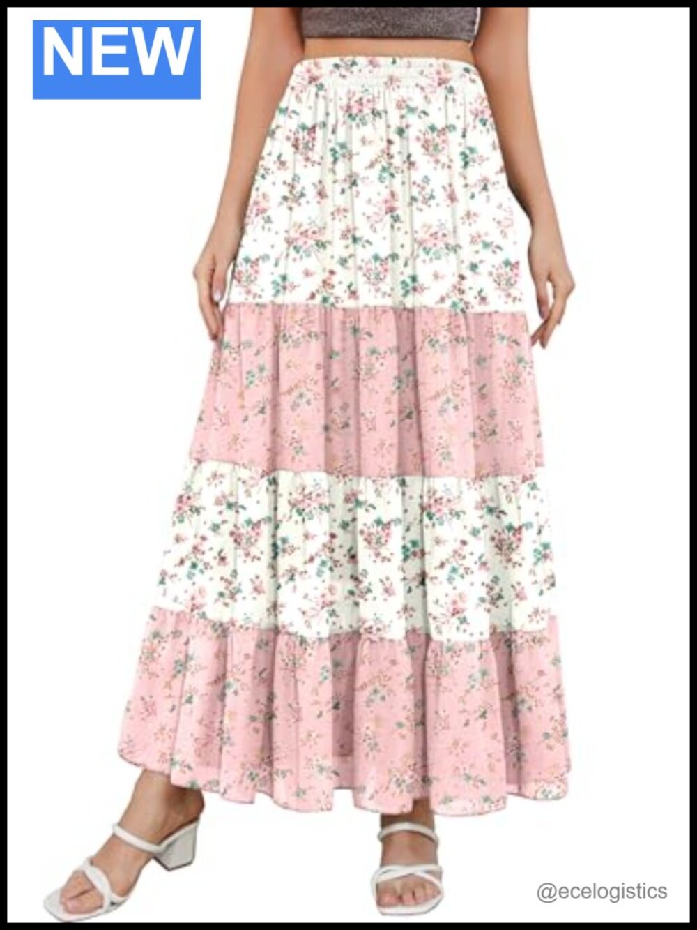 Women's Floral Boho Maxi Skirt Chiffon Patchwork High Waist A-Line
